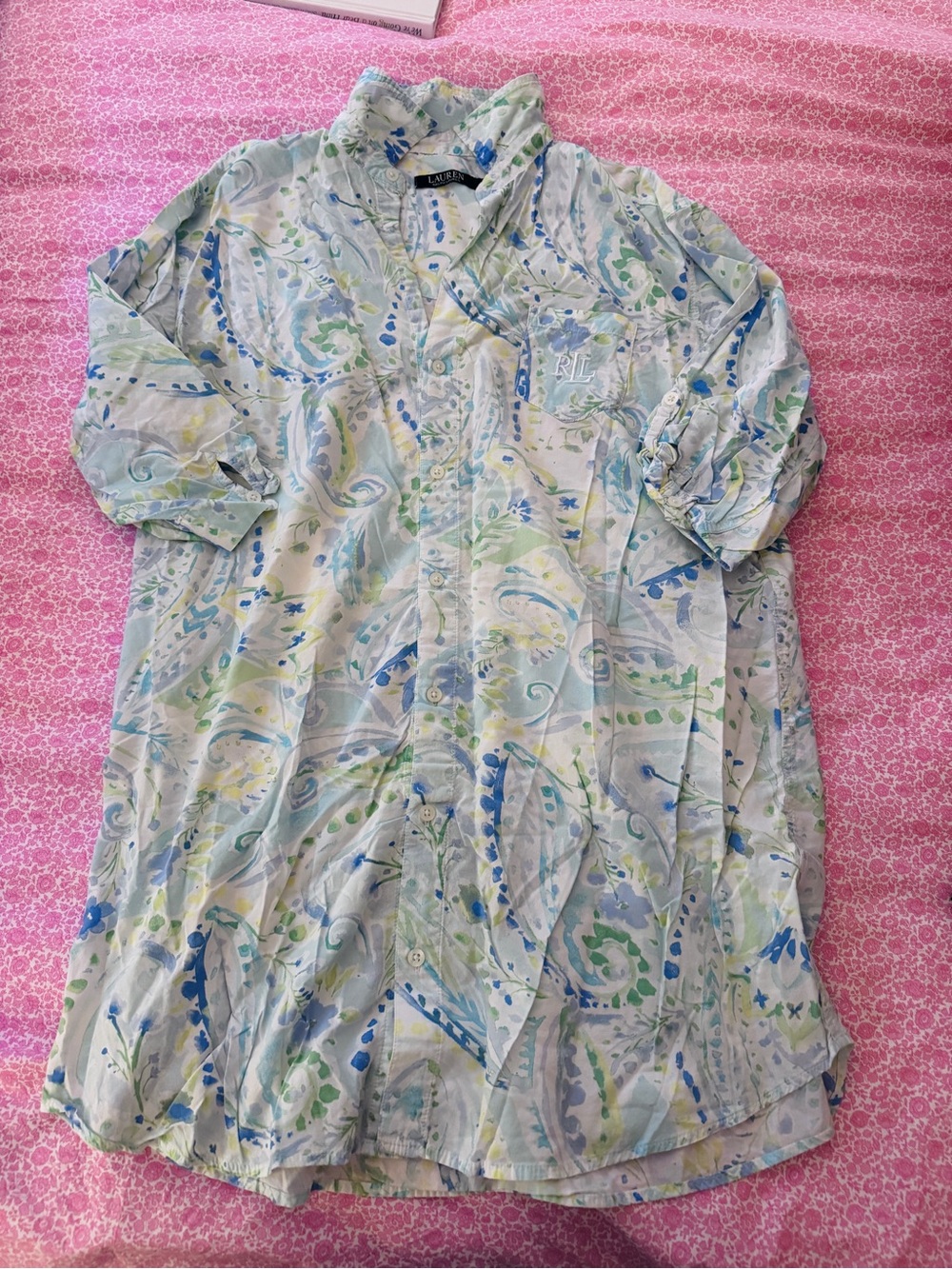 Ralph Lauren Light Blue & Green Paisley Button-Up Sleep Shirt